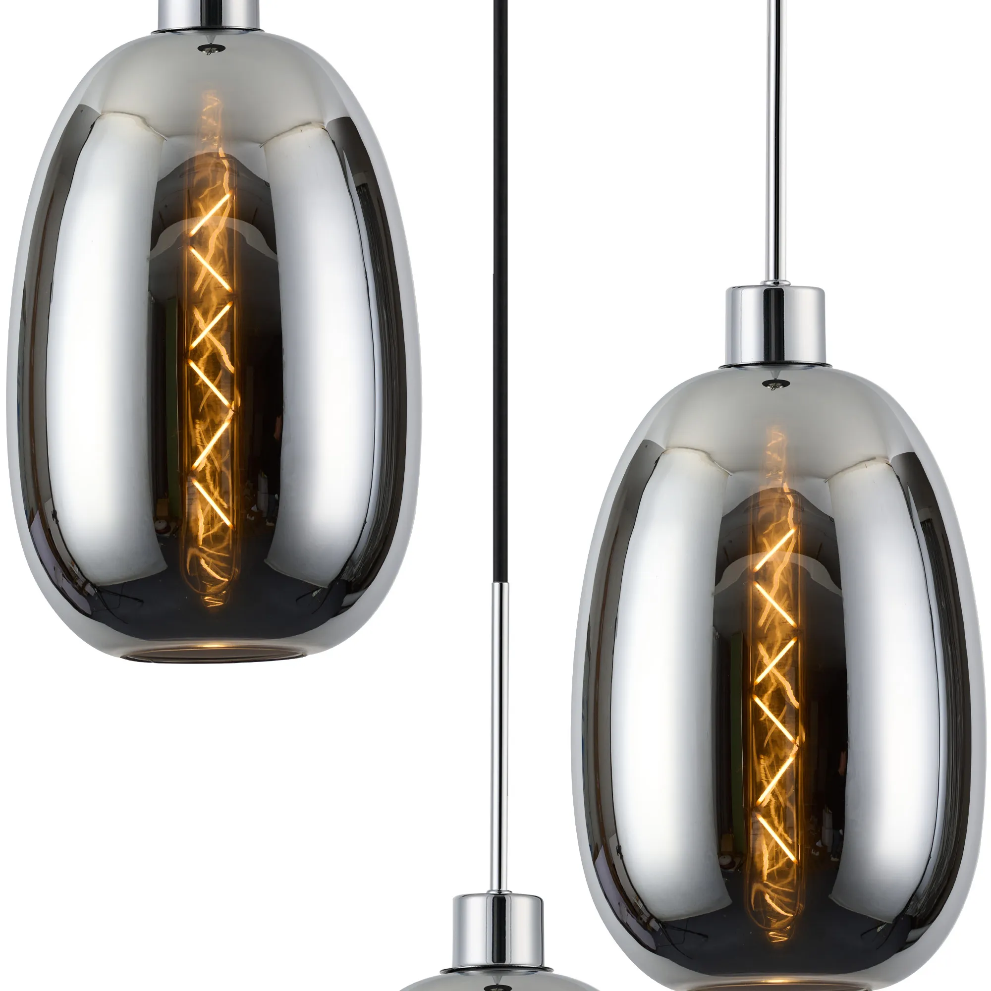 Lori 40cm Round Pendant, 3 Light Adjustable E27, Polished Chrome/Chrome Slim Curved Trapezium Shades DK1268  Deco Lori Polished Chrome